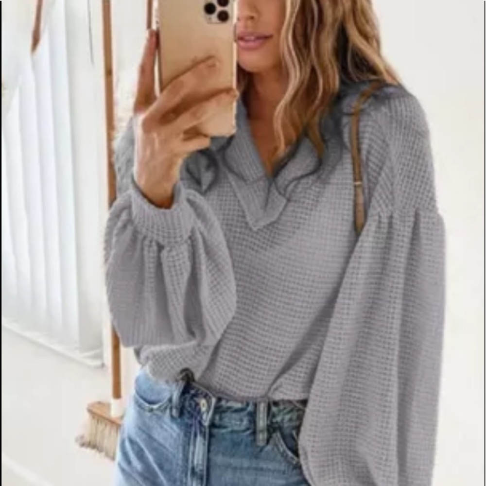 💕Gray Thermal Knit Balloon Long Sleeves Top 2XL
